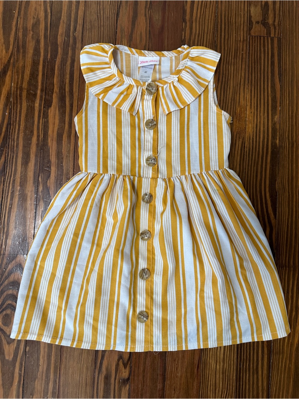 Little Lass Yellow and White Striped Ruffle Collar Dress